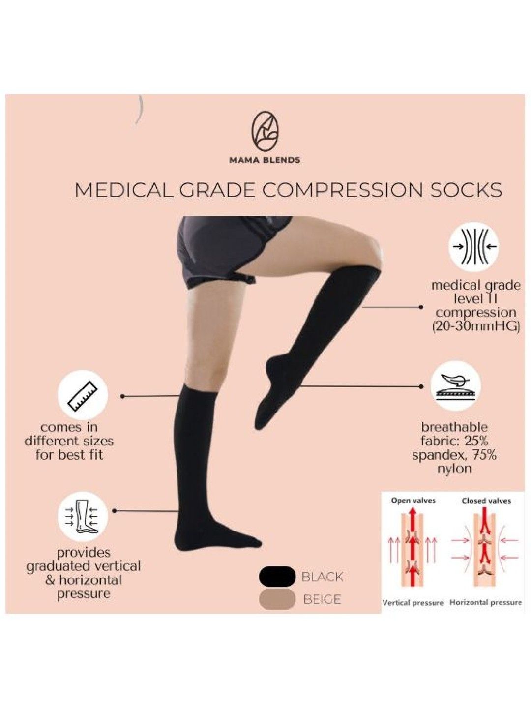 Mama Blends Mama Blends Medical Grade Compression Socks Edema Varicose Veins Leg Support (Black- Image 2)