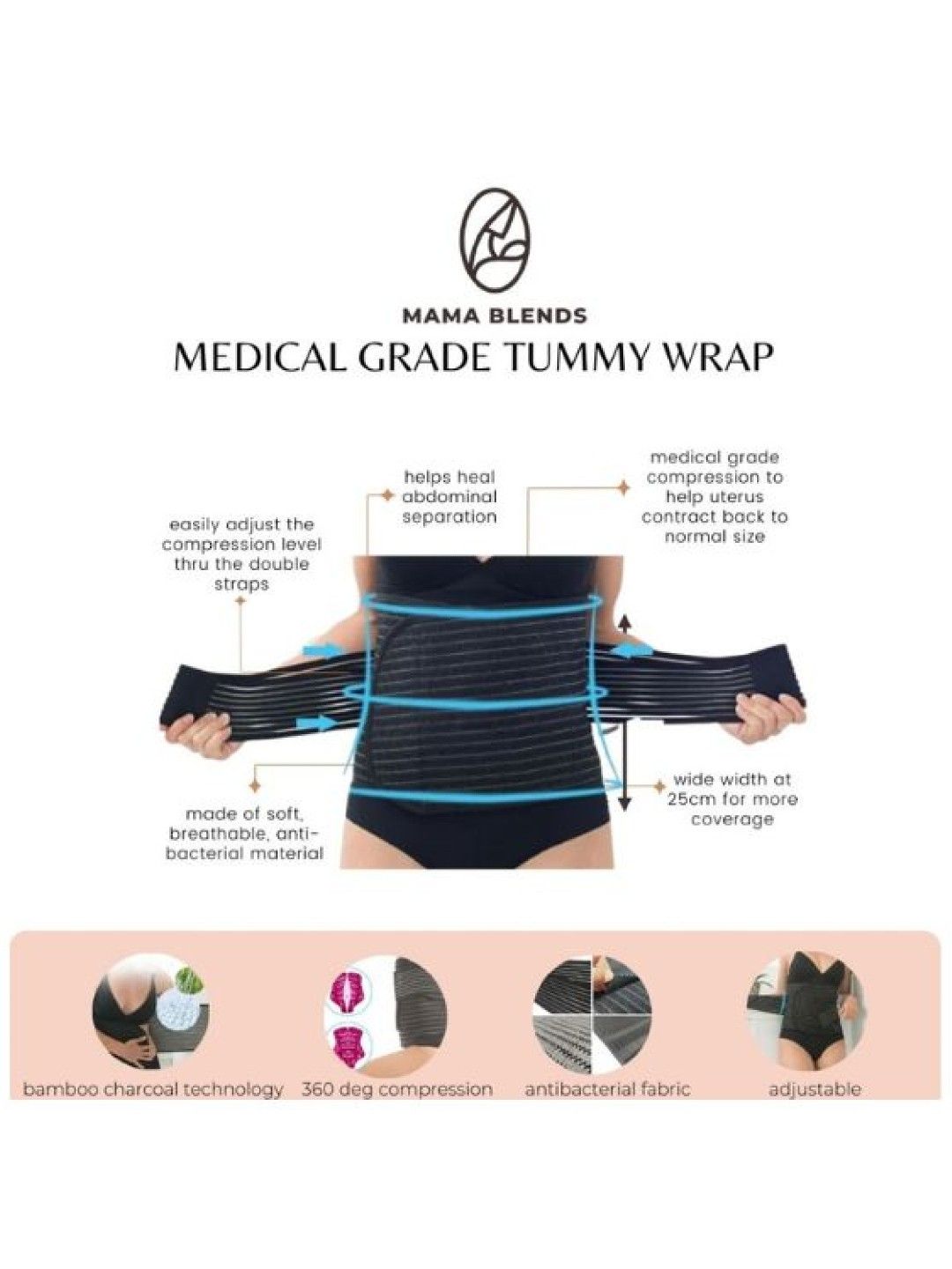 Mama Blends Medical Grade Tummy Wrap Bamboo Charcoal Support Binder (Black- Image 2)