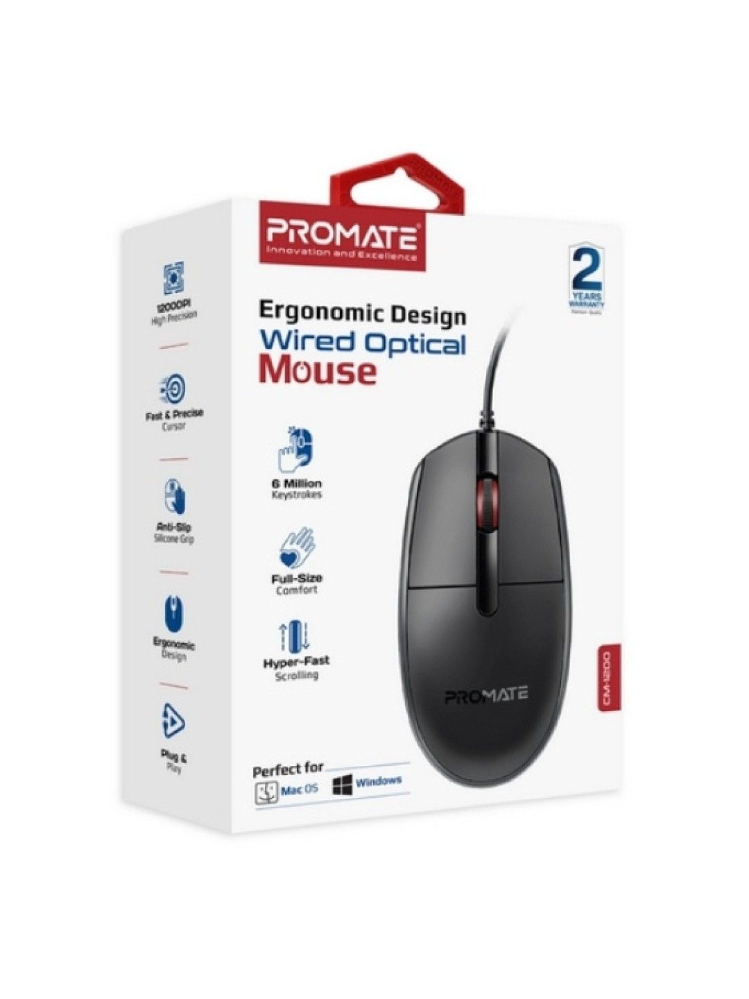Promate CM-1200 Ergonomic Design Wired Optical Mouse (Black- Image 2)