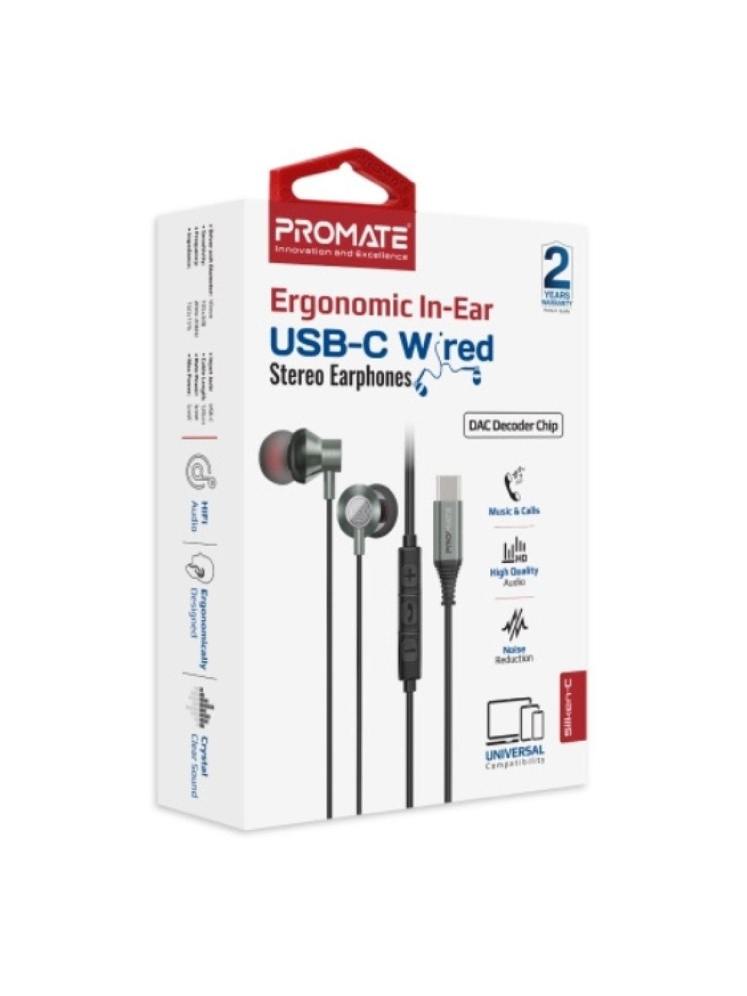 Promate SILKEN-C Ergonomic In-Ear USB-C Wired Stereo Earphones (Grey- Image 2)