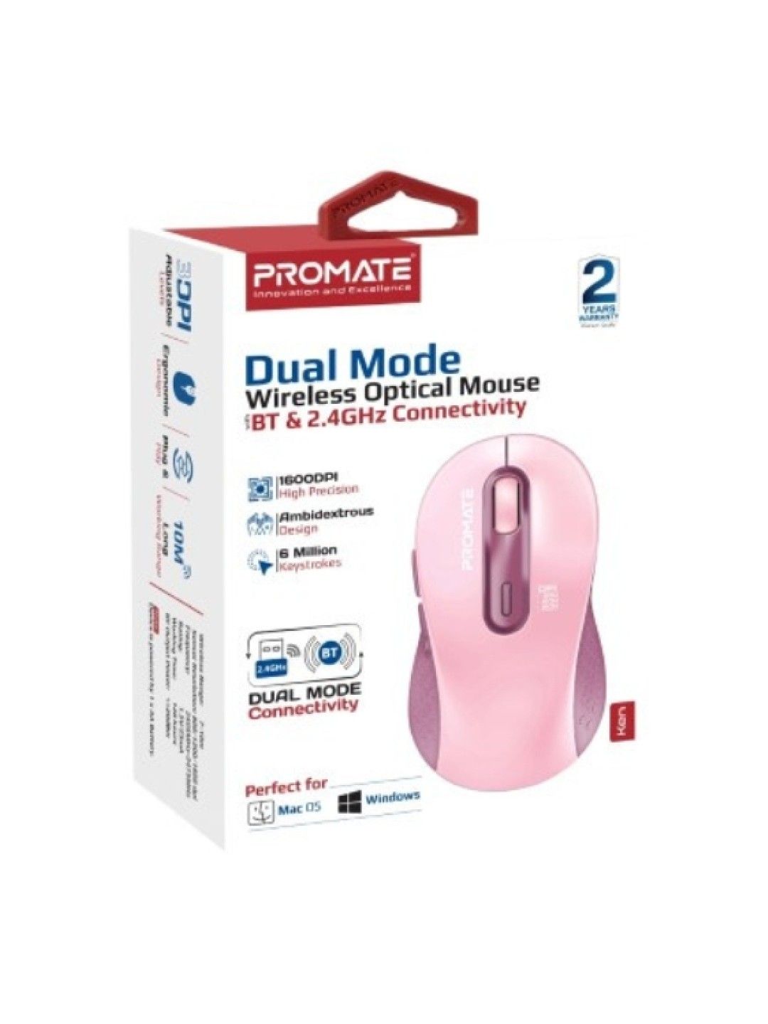 Promate KEN Dual Mode Wireless Optical Mouse Bluetooth & 2.4GHz Connectivity (Pink- Image 2)