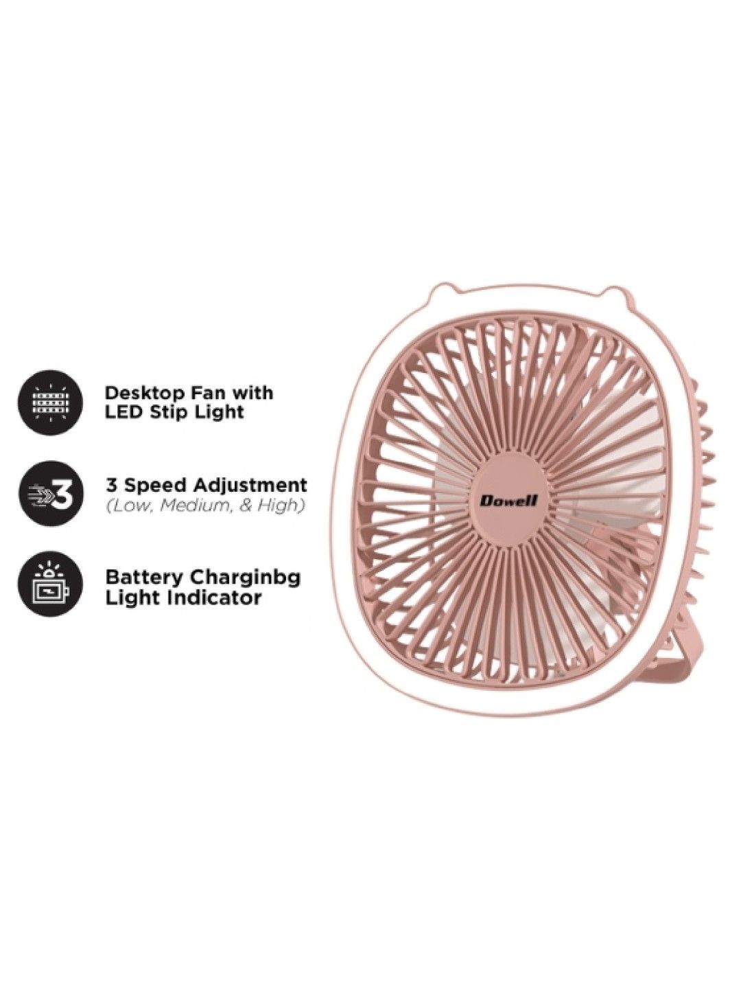 Dowell USB Portable Desktop Fan with LED Light UF-202L (Pink- Image 2)