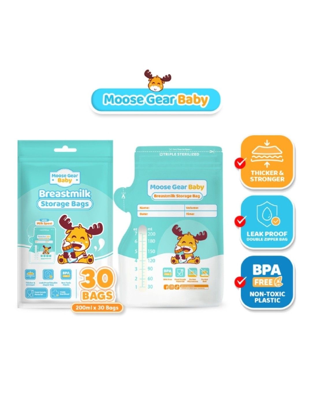 Moose Gear Baby Breastmilk Storage Bag with Spout 200ml (30 Bags) (No Color- Image 2)