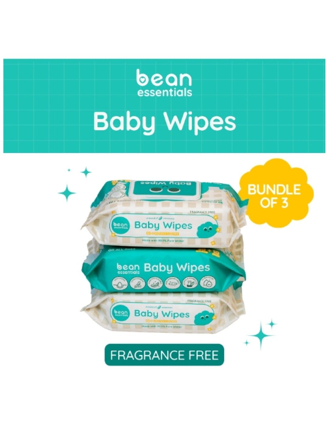bean essentials [Bundle of 3] Baby Wipes Fragrance Free 3 x 100 sheets (No Color- Image 1)