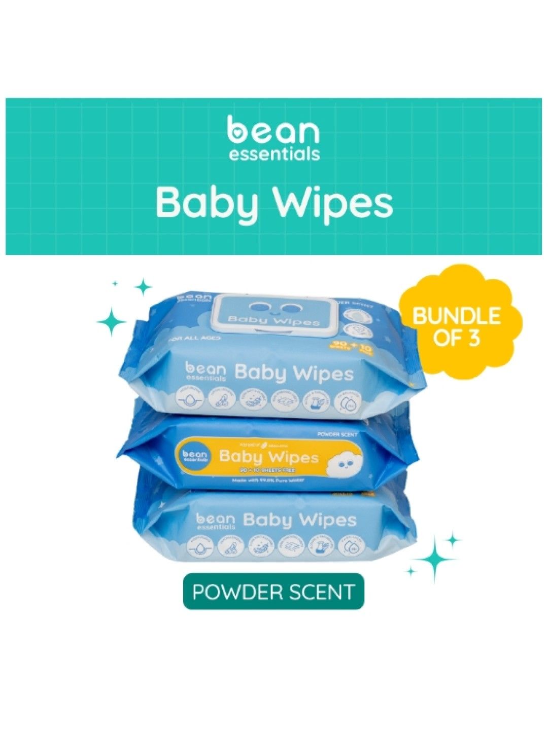 bean essentials [Bundle of 3] Baby Wipes Powder Scented 3 x 100 sheets (No Color- Image 1)