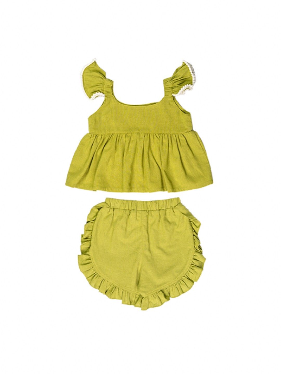 bean fashion Floral Flair Siar Ruffled Pompom Sleeve Embroidered Top and Ruffled Shorts (Light Green- Image 2)