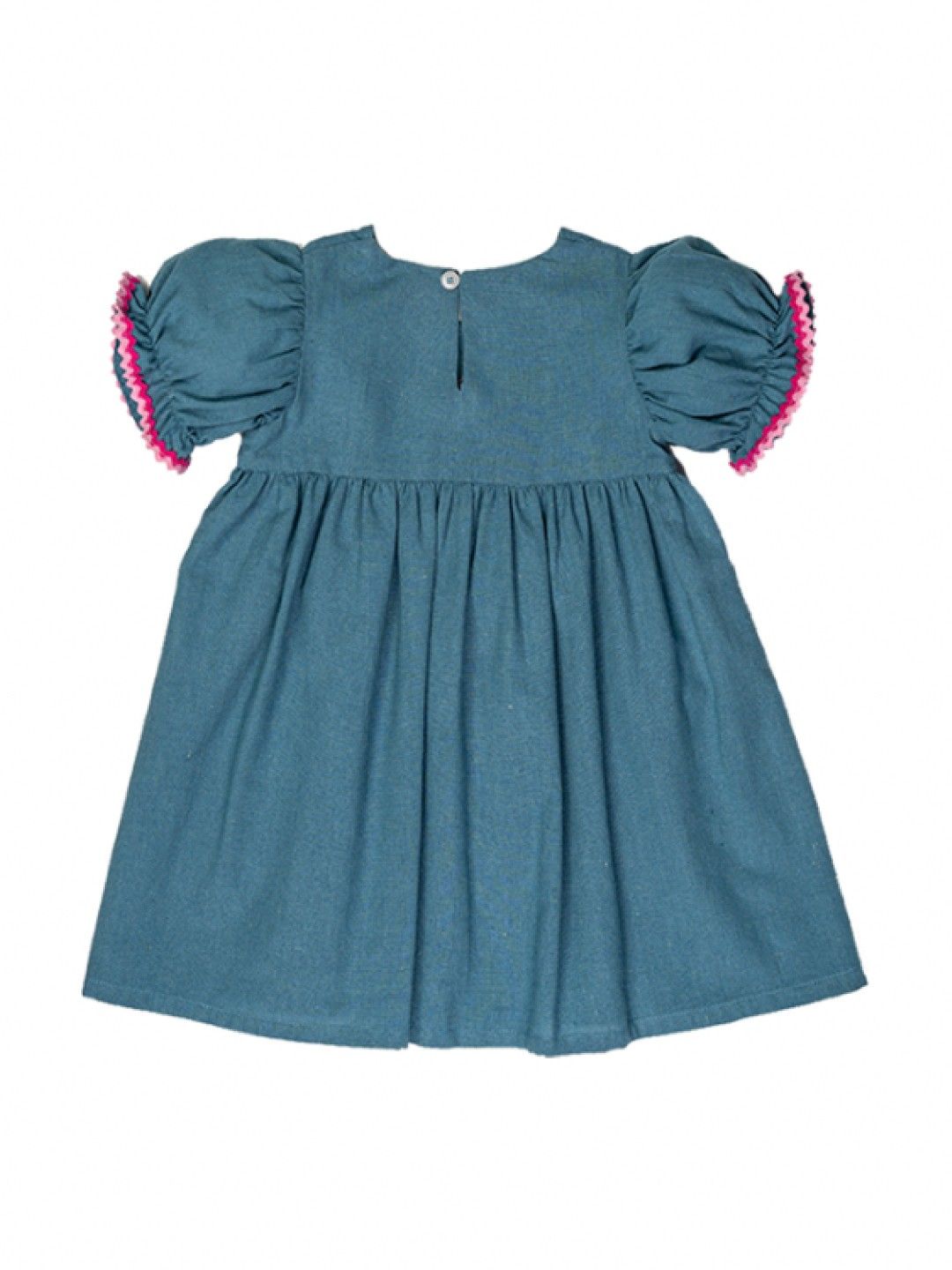 bean fashion Floral Flair Mela Ricrac Puff Sleeve Embroidered Dress (Dusty Blue- Image 2)