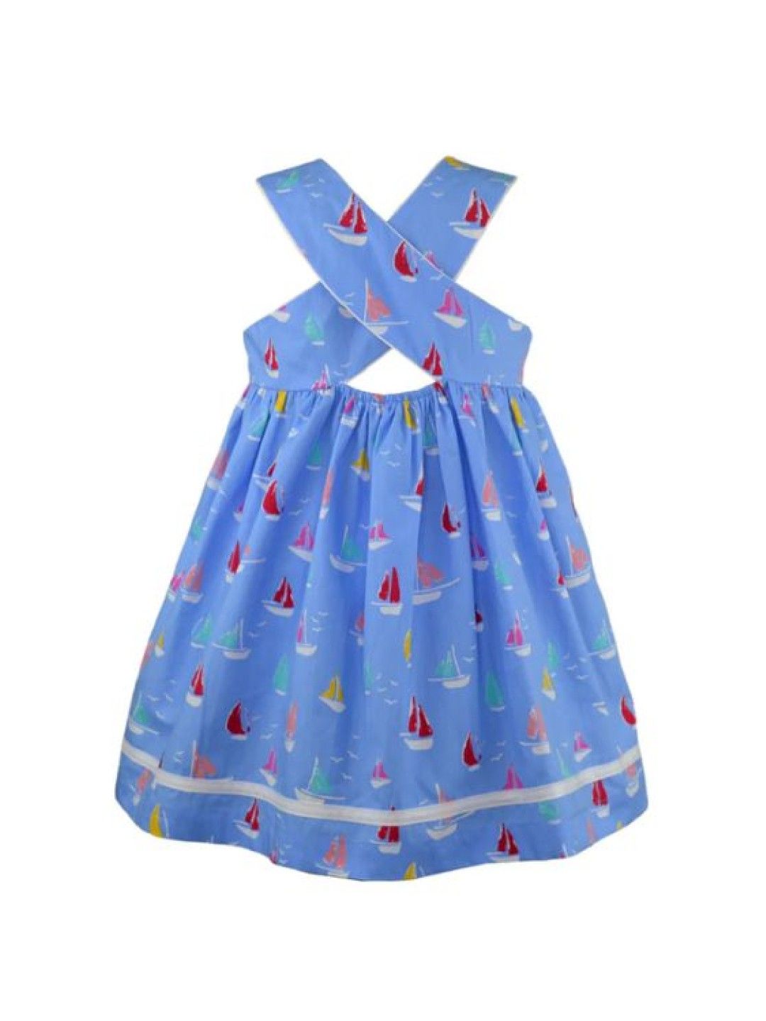 Periwinkle Lauraine Sailboat print dress w/diaper cover and crisscross back details (Blue- Image 2)