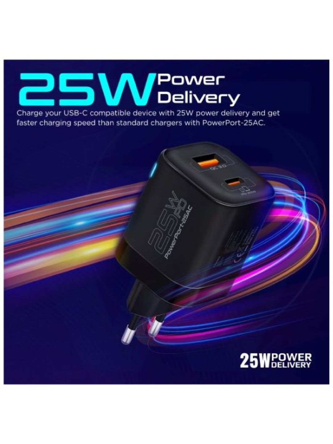 Promate POWERPORT-25AC Ultra-Fast Dual Port AC Charger 25W Power Delivery (Black- Image 2)