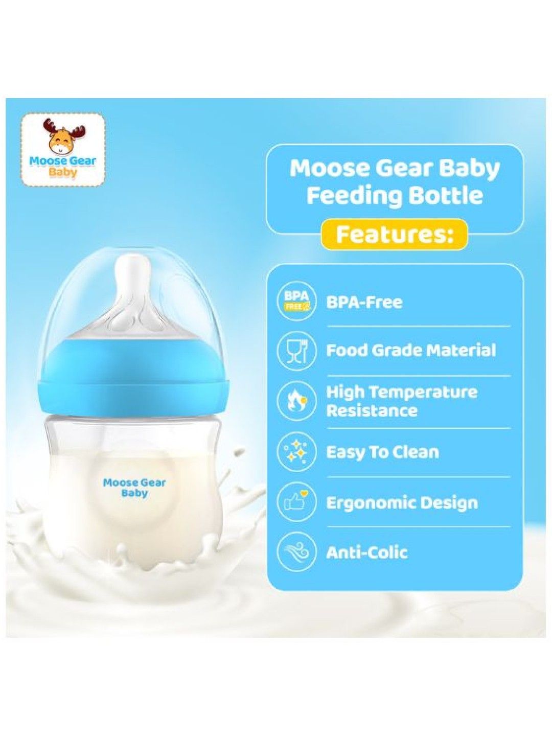 Moose Gear Baby BPA Free Feeding Bottle (150ml) (Blue- Image 2)