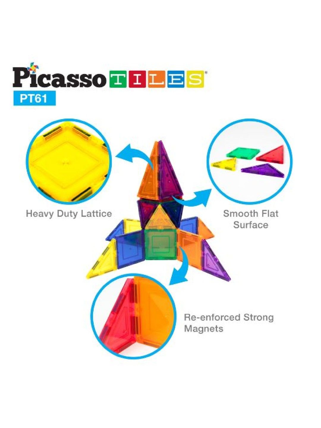 Picasso Tiles 61pc 3D Magnetic Building Tiles (No Color- Image 2)