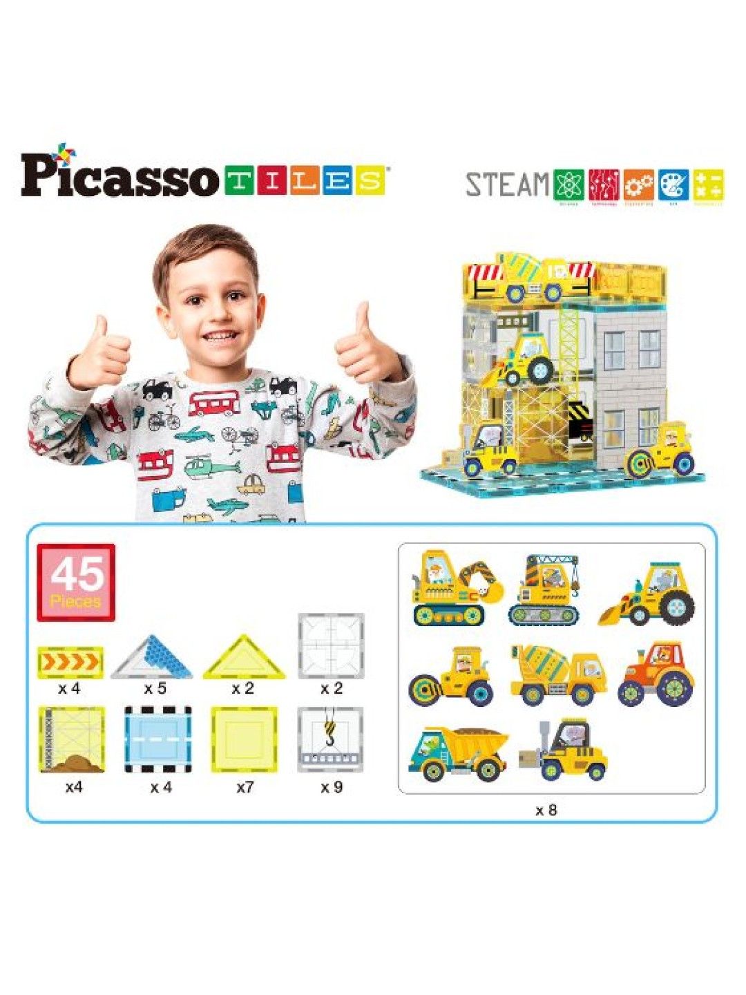 Picasso Tiles Construction Set with 8 Vechicles (No Color- Image 2)