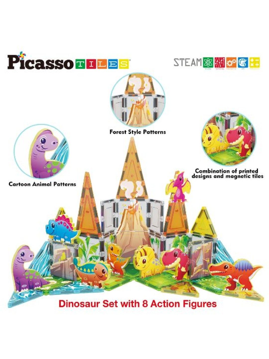 Picasso Tiles Dinosaur Set with 8 Action Figures (No Color- Image 2)