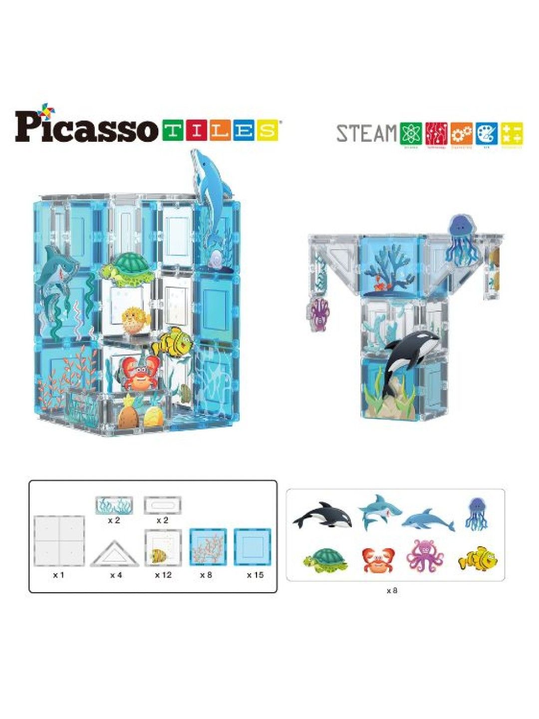 Picasso Tiles Marine Animal Set with 8 Action Figures (No Color- Image 2)