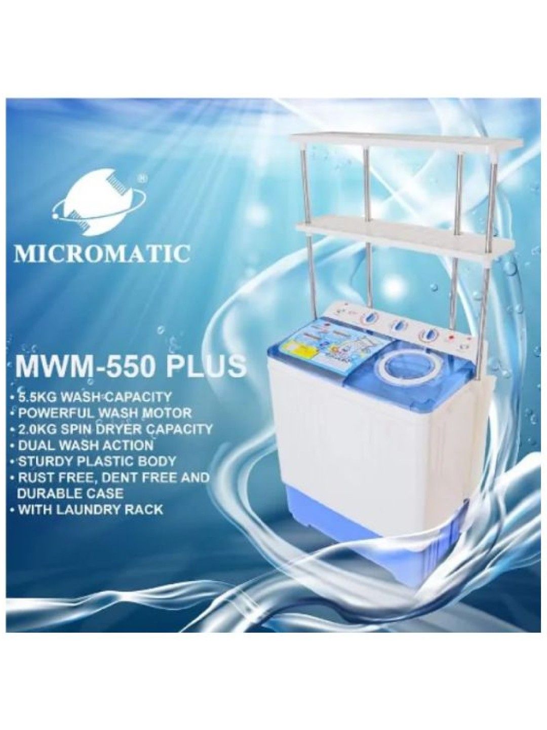 MICROMATIC MWM550Plus Washing Machine Twin Tub 5.5kg with Laundry Rack (No Color- Image 3)