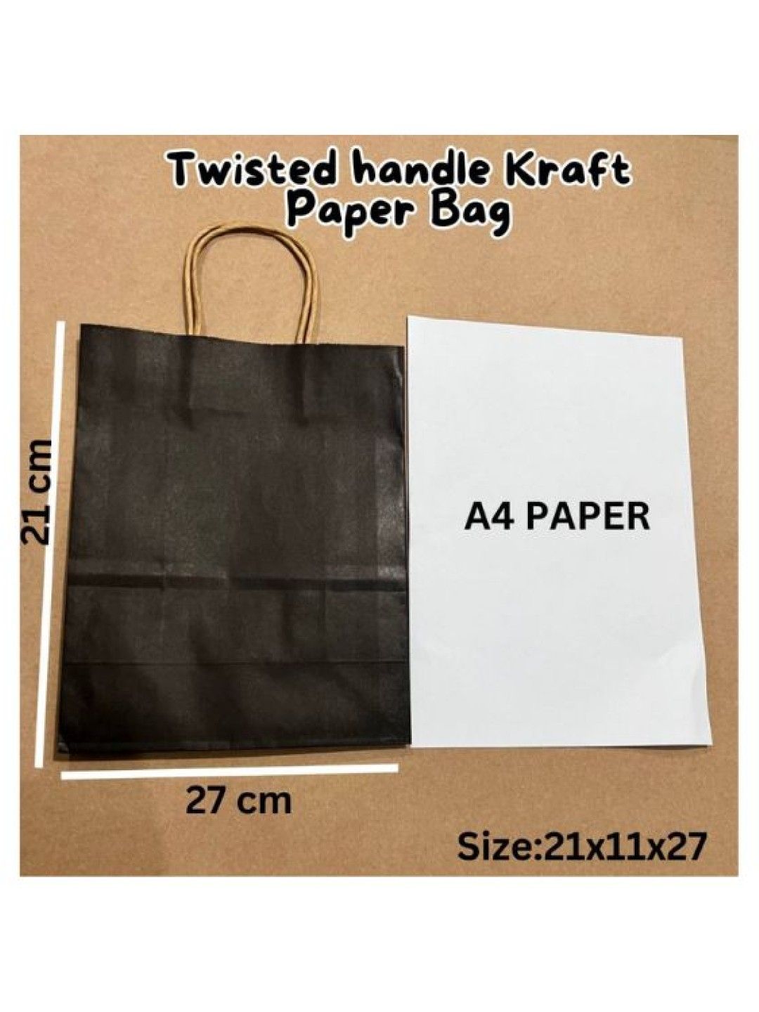QT Hub Twisted handle Kraft Paper Bag SMALL (Black- Image 3)
