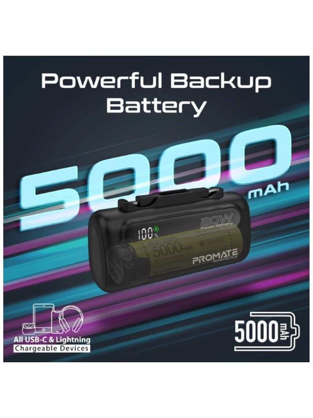 Promate POWERUP-DUO 5000mAh Ultra-Compact fast charging Power Bank (Black- Image 2)