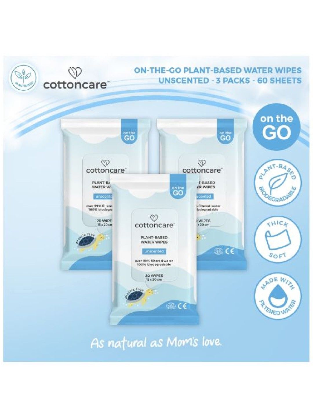 Cotton Central™ Cottoncare Plant-Based Water Wipes - Unscented 3 Pack (60s) (No Color- Image 2)