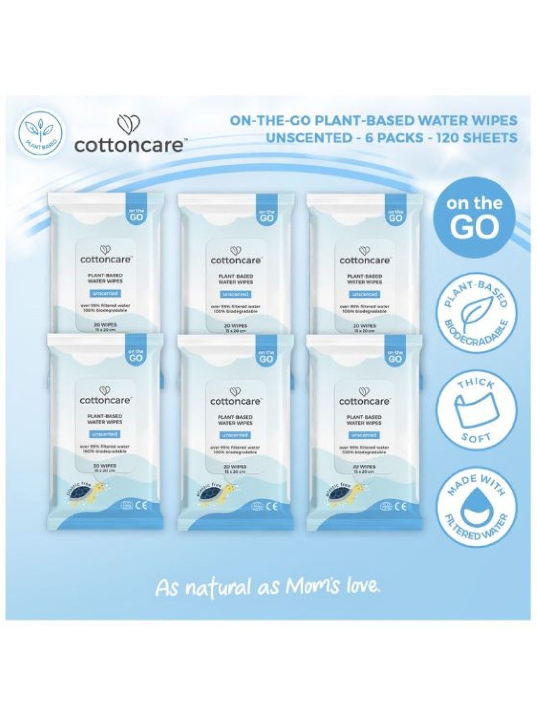 Cotton Central™ Cottoncare Plant-Based Water Wipes - Unscented 6 Pack (120s) (No Color- Image 2)