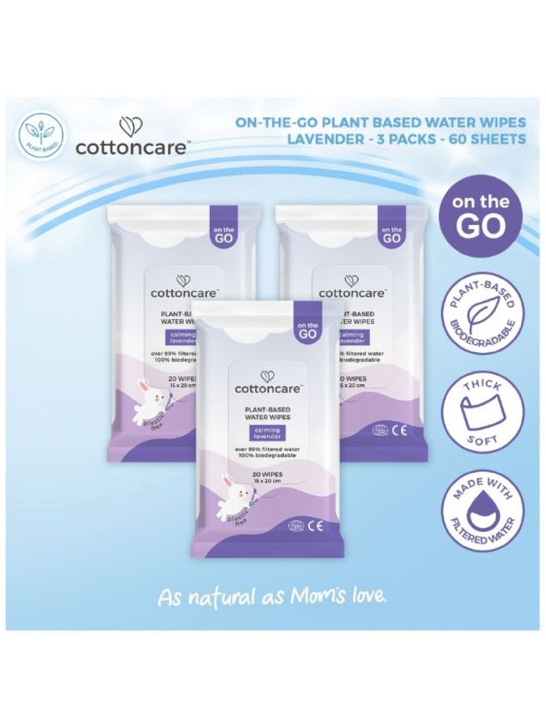 Cotton Central™ Cottoncare Plant-Based Water Wipes - Calming Lavender 3 Pack (60s) (No Color- Image 2)