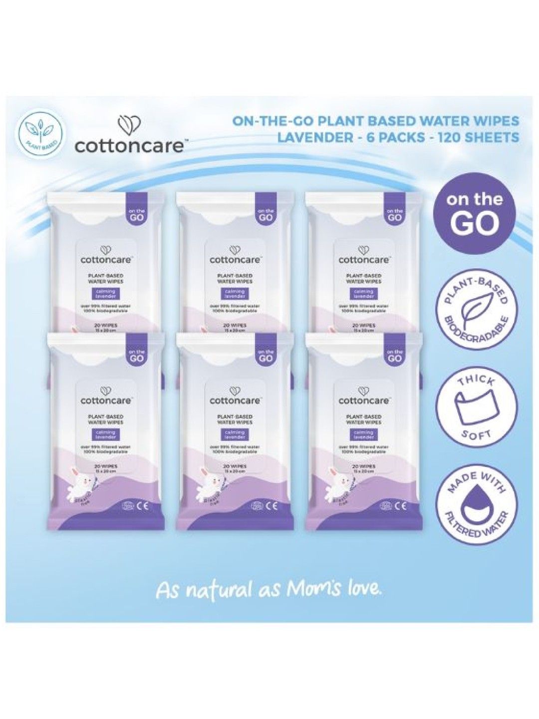 Cotton Central™ Cottoncare Plant-Based Water Wipes - Calming Lavender 6 Pack (120s) (No Color- Image 2)