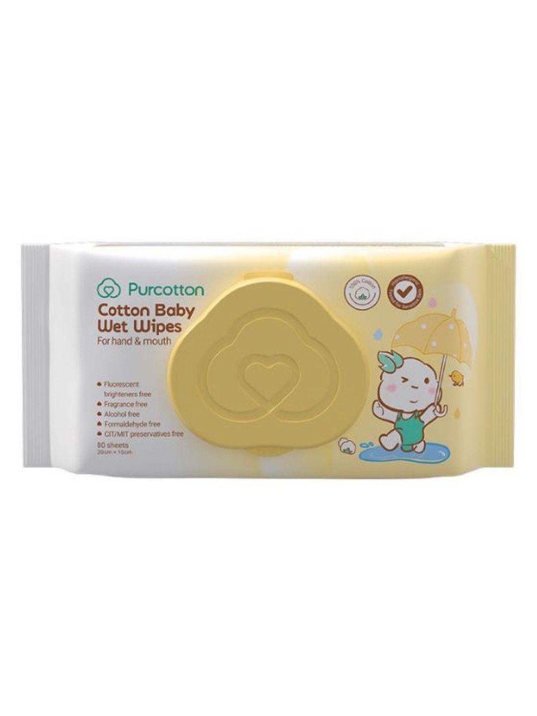 Purcotton Cotton Baby Wet Wipes 80s (No Color- Image 1)