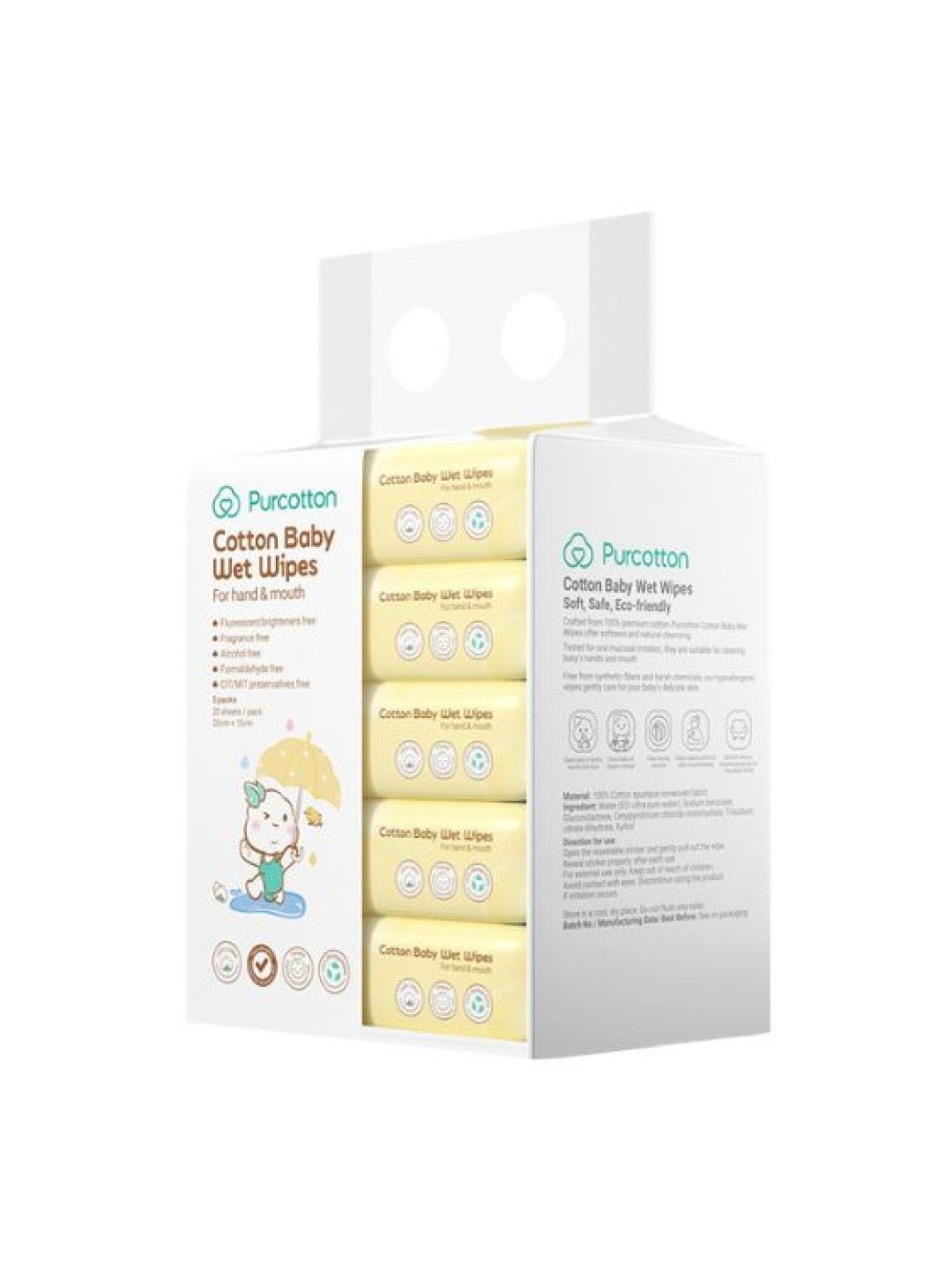 Purcotton Cotton Baby Wet Wipes 20s x 5 Packs (No Color- Image 3)