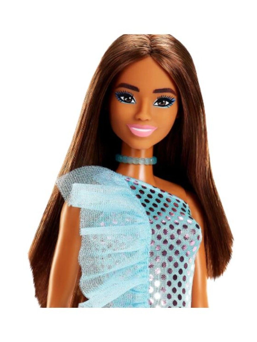 Barbie Pop Glitz Brunette Doll with Teal Metalic Dress Fashion Outfit (No Color- Image 2)