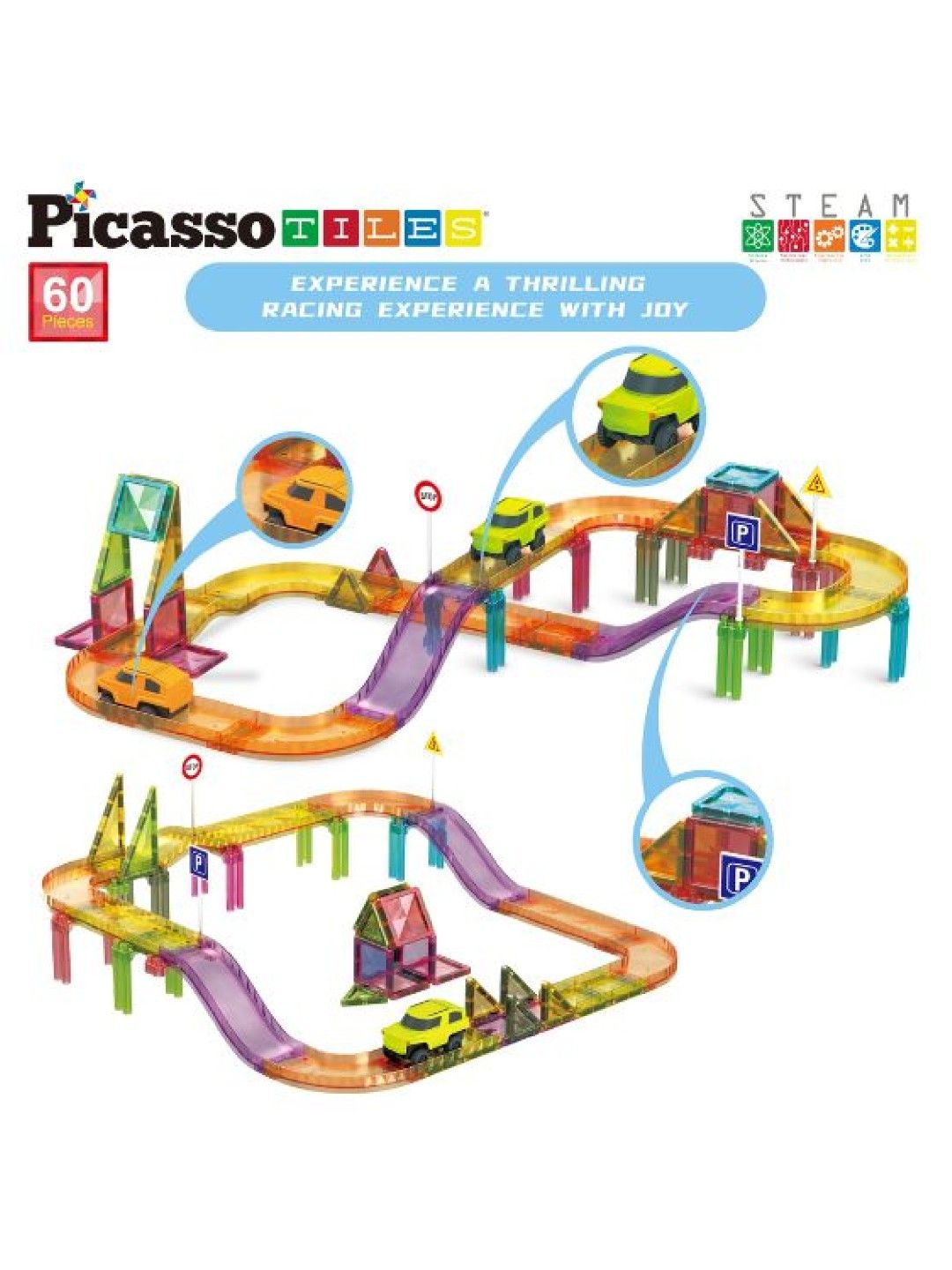 Picasso Tiles 60 pcs. Magnetic Tile Race Car Track Set (No Color- Image 2)