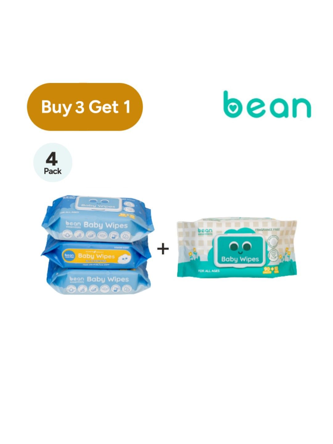 bean [BUY 3, GET 1] Baby Wipes Powder Scent x 3, Get [FREE] Baby Wipes Fragrance Free (No Color- Image 1)