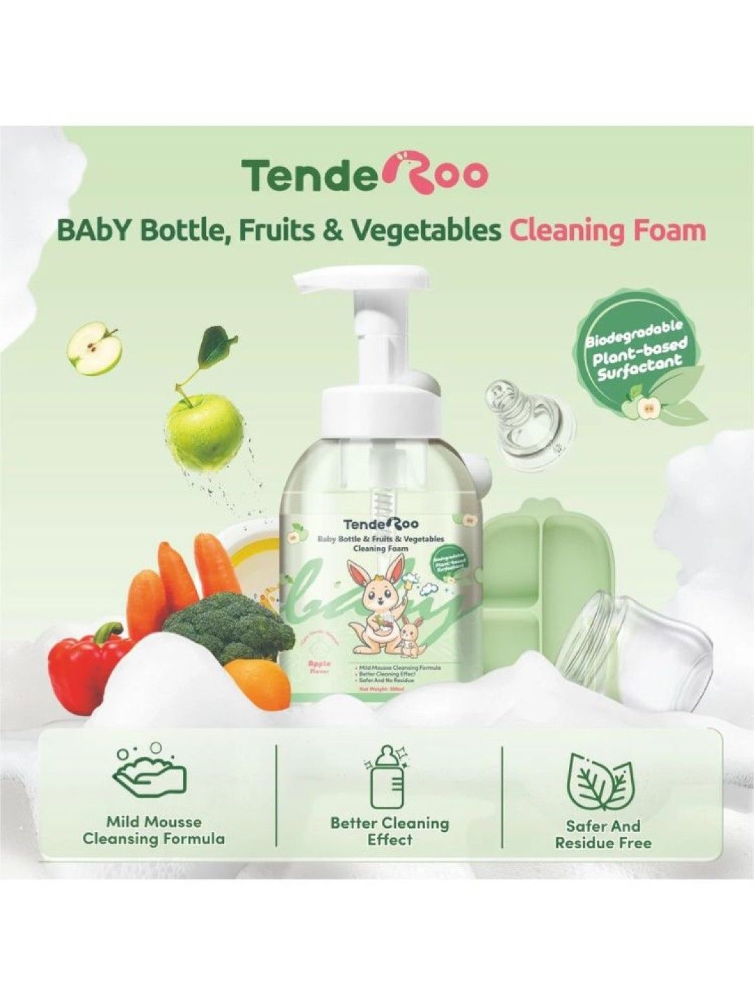 Tenderoo Baby Bottle, Fruits & Vegetables Cleaning Foam 300ml (No Color- Image 2)