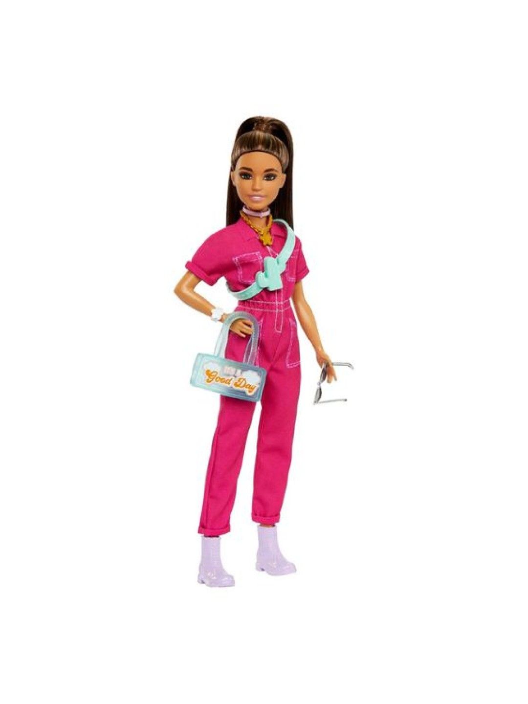 Barbie Brown Hair High Ponytail in Trendy Pink Jumpsuit with Storytelling Accessories (No Color- Image 2)