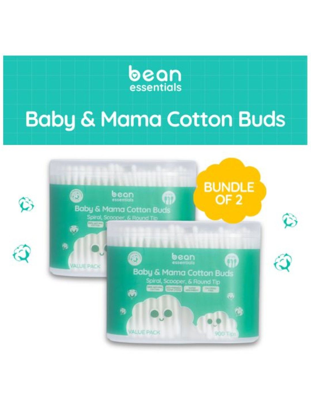 bean essentials [Bundle of 2] Family Value Pack Cotton buds (3 Tip Types, 900 tips) (No Color- Image 1)
