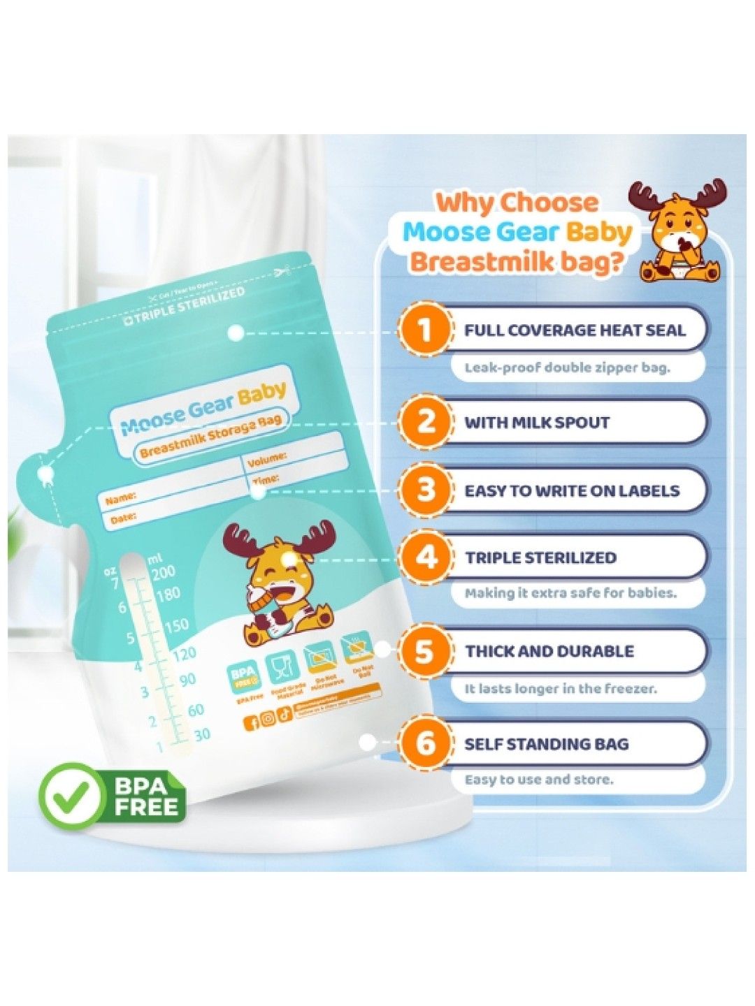 Moose Gear Baby Breastmilk Storage Bag with Spout 200ml (30 Bags) (No Color- Image 3)