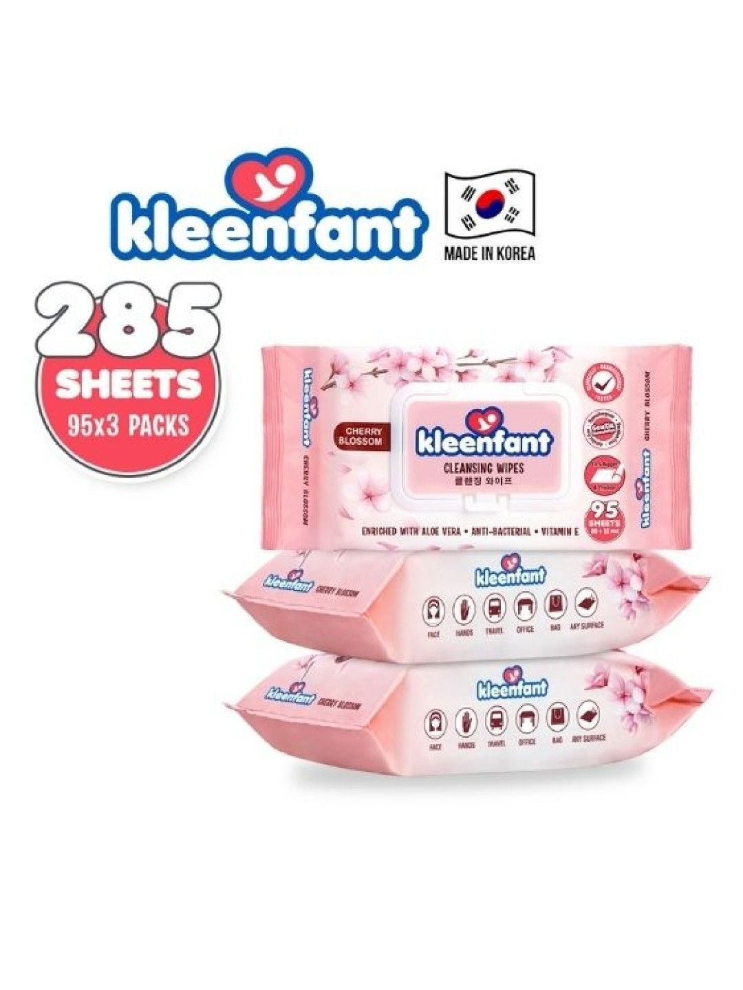 Kleenfant Cherry Blossom Cleansing Wipes (95 Sheets) Pack of 3 (No Color- Image 3)