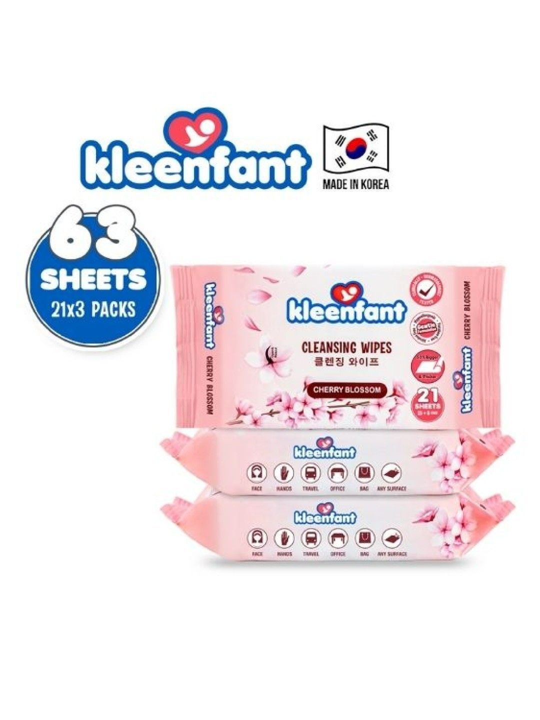 Kleenfant Cherry Blossom Cleansing Wipes (21 Sheets) Pack of 3 (No Color- Image 3)