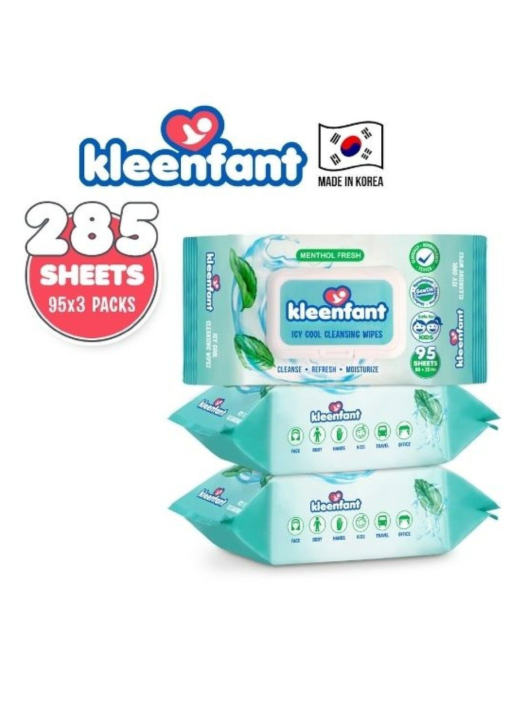 Kleenfant Menthol Fresh Icy Cool Cleansing Wipes (95 Sheets) Pack of 3 (No Color- Image 3)
