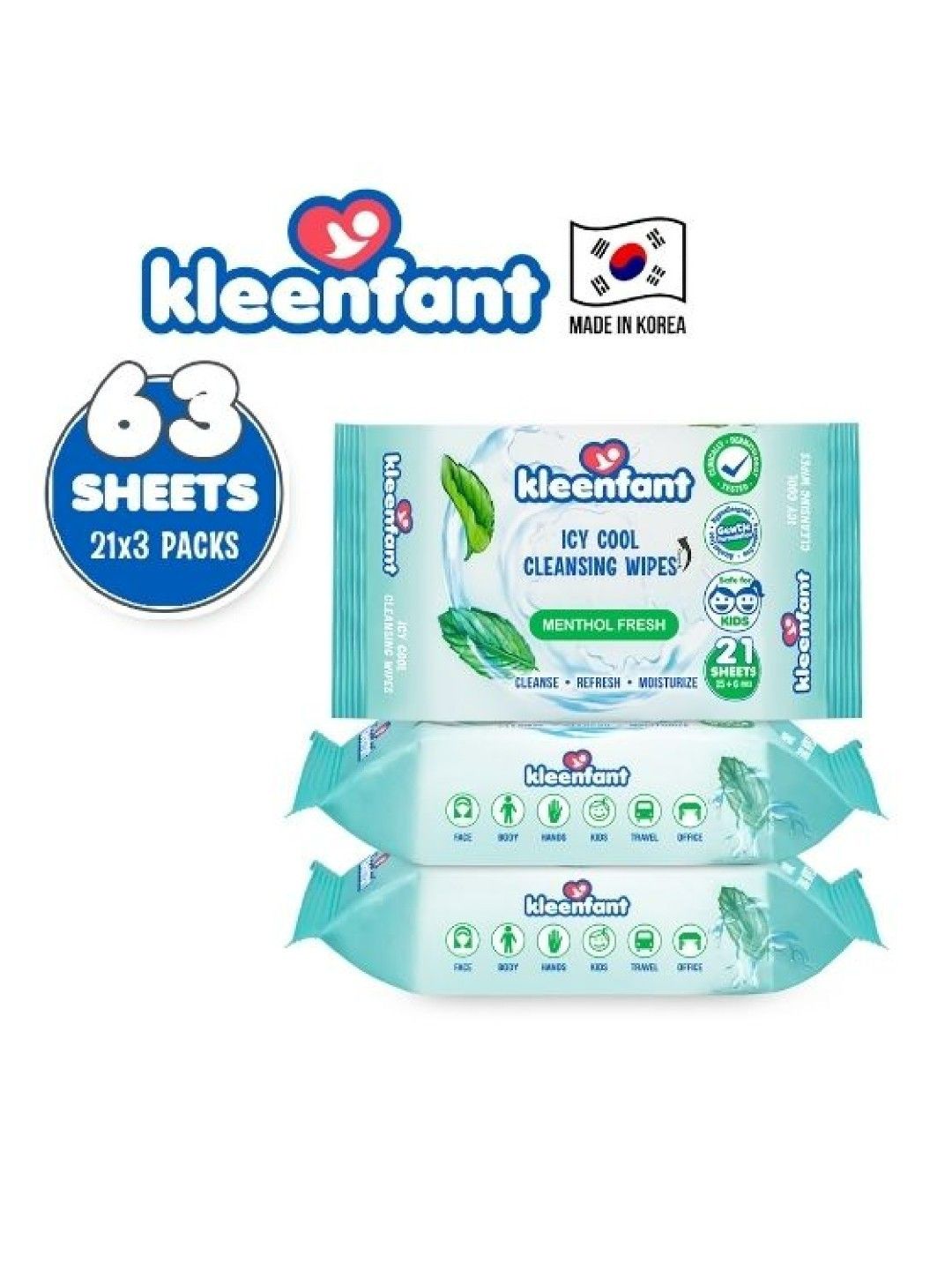 Kleenfant Menthol Fresh Icy Cool Cleansing Wipes (21 Sheets) Pack of 3 (No Color- Image 3)