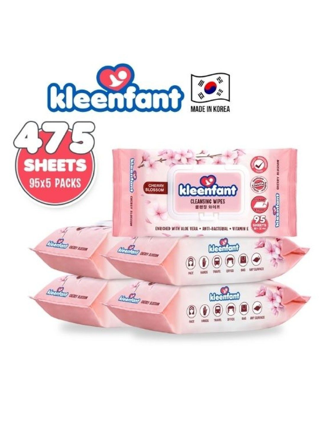 Kleenfant Cherry Blossom Cleansing Wipes (95 Sheets) Pack of 5 (No Color- Image 3)