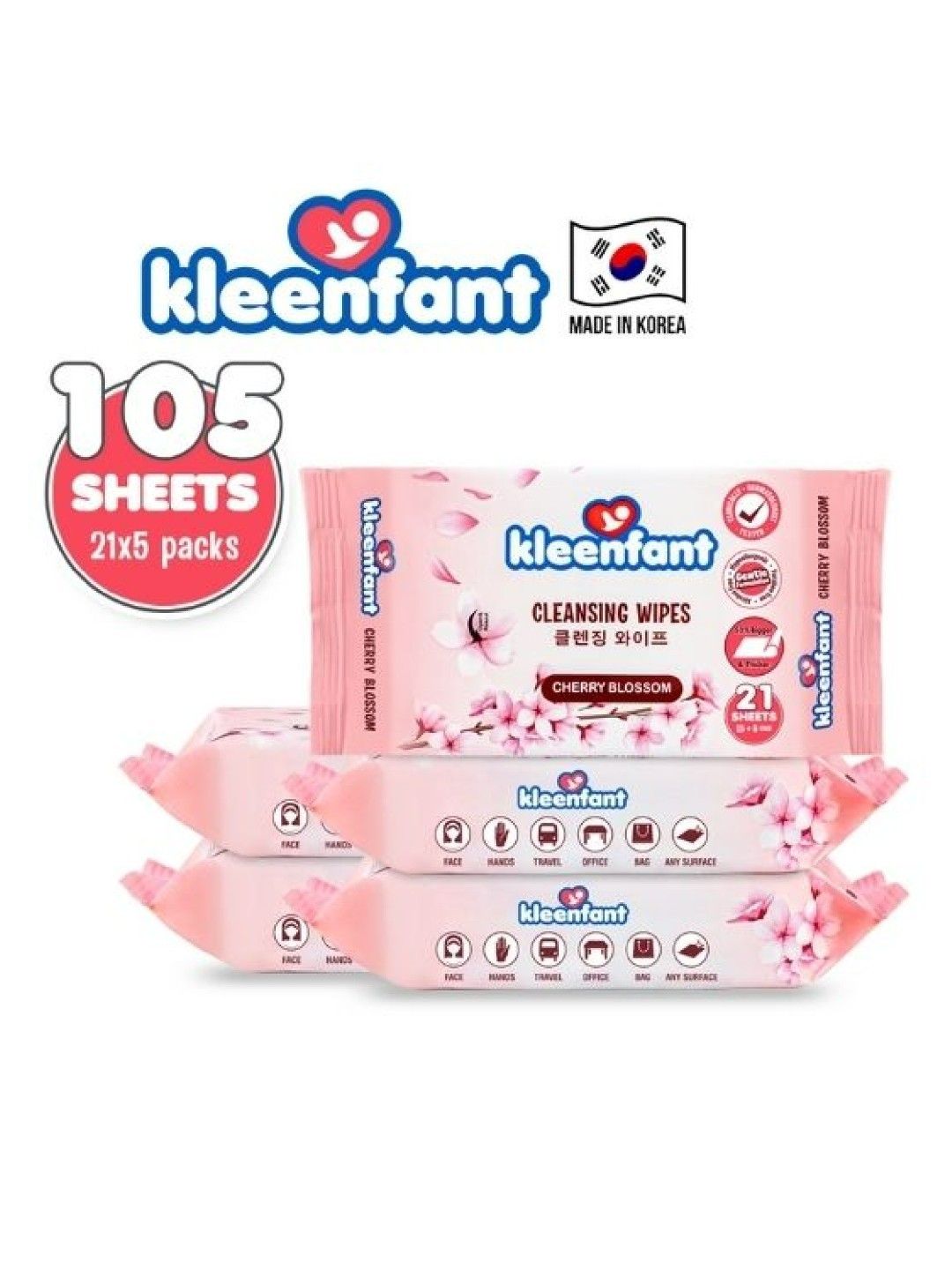 Kleenfant Cherry Blossom Cleansing Wipes (21 Sheets) Pack of 5 (No Color- Image 3)