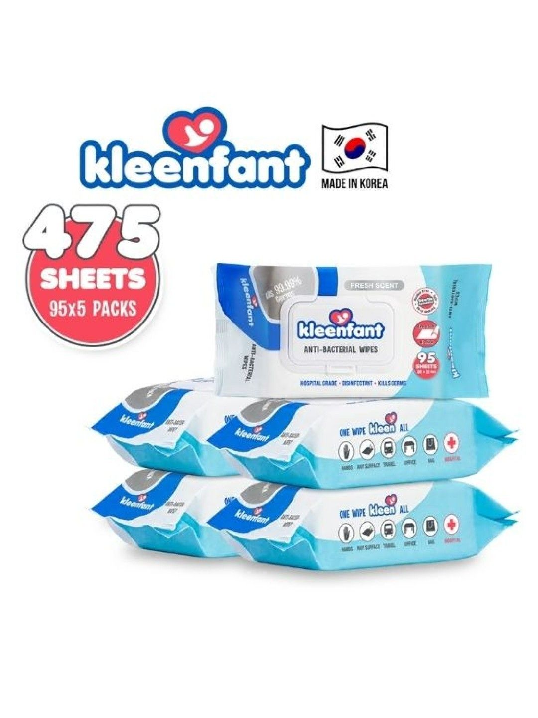 Kleenfant Fresh Scent Antibacterial Wipes (95 Sheets) Pack of 5 (No Color- Image 3)