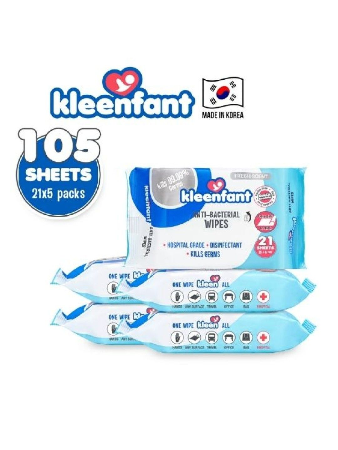 Kleenfant Fresh Scent Antibacterial Wipes (21 Sheets) Pack of 5 (No Color- Image 3)