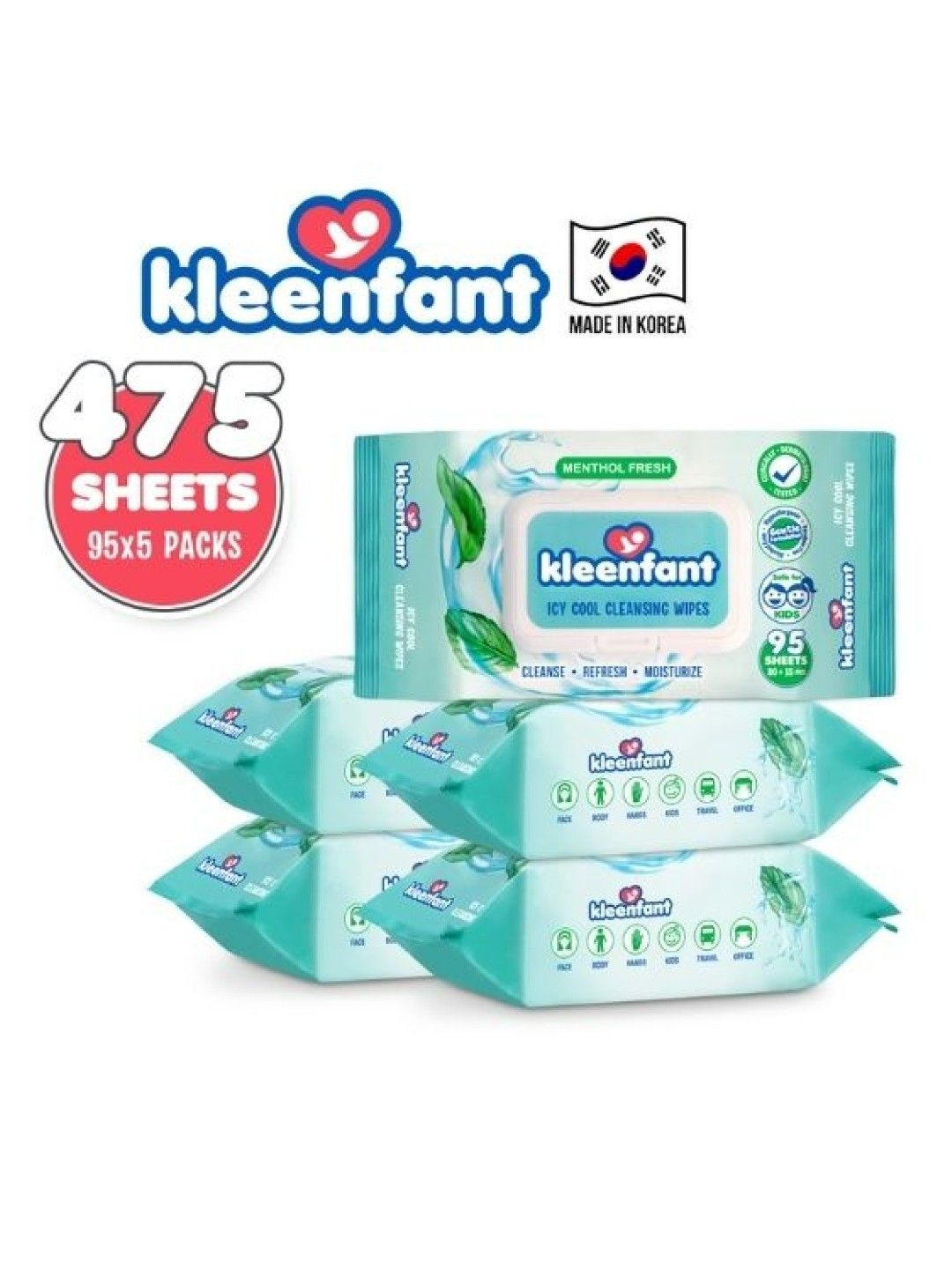 Kleenfant Menthol Fresh Icy Cool Cleansing Wipes (95 Sheets) Pack of 5 (No Color- Image 3)