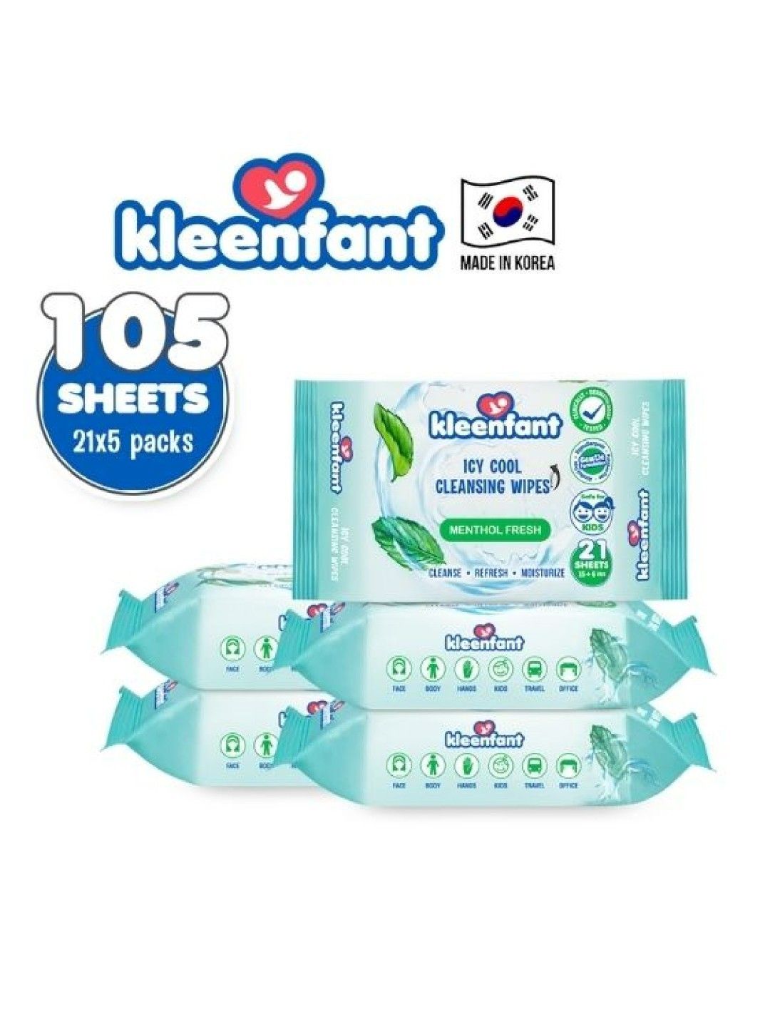 Kleenfant Menthol Fresh Icy Cool Cleansing Wipes (21 Sheets) Pack of 5 (No Color- Image 3)