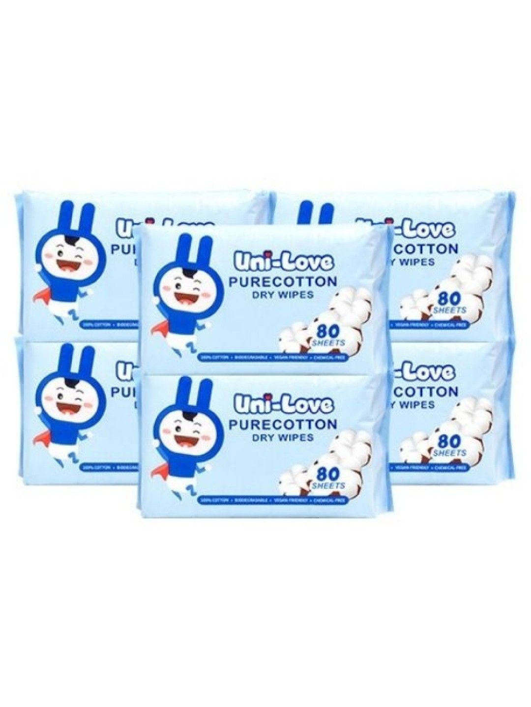 Uni-love Purecotton Dry Wipes 80's (6-pack) (No Color- Image 1)