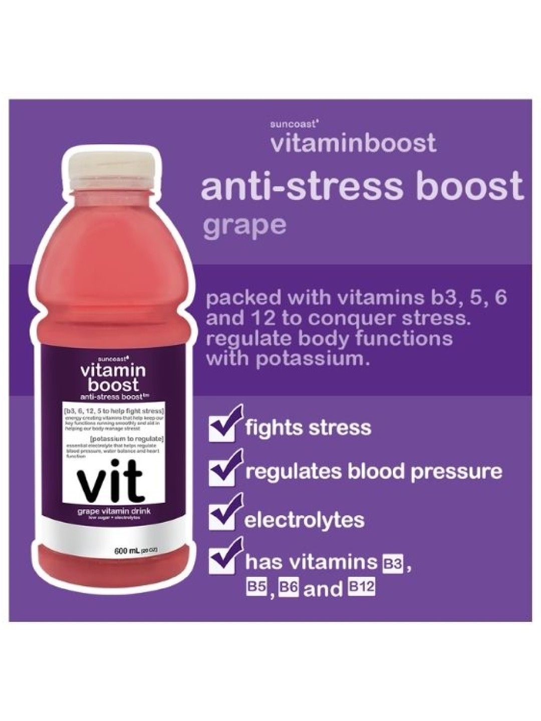 Vitamin Boost Anti-Stress Boost Grape Vitamin Drink (600ml) (6-pack) (No Color- Image 3)