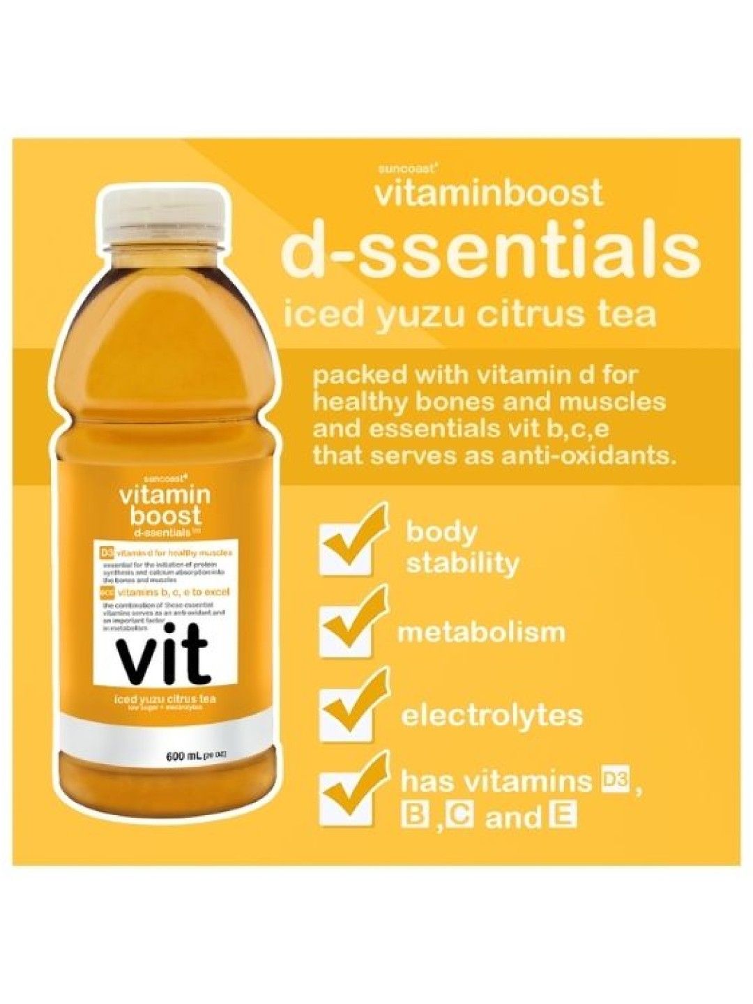 Vitamin Boost D-Essentials Iced Yuzu Citrus Tea (600ml) (6-pack) (No Color- Image 3)