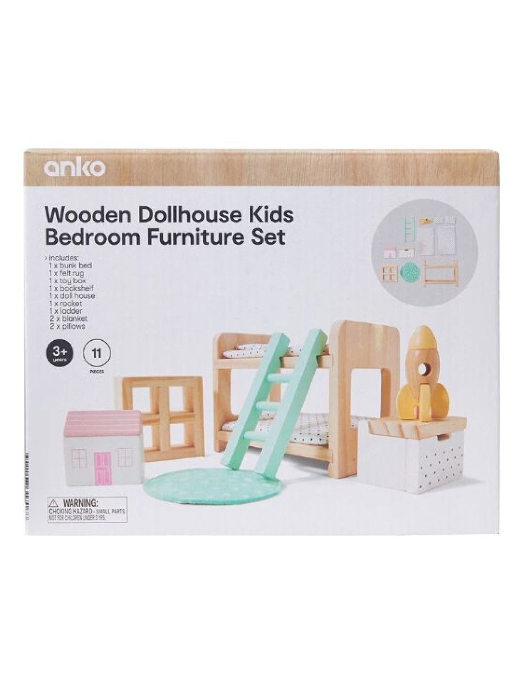 Anko Wooden Dollhouse Kids Bedroom Furniture Set (No Color- Image 3)