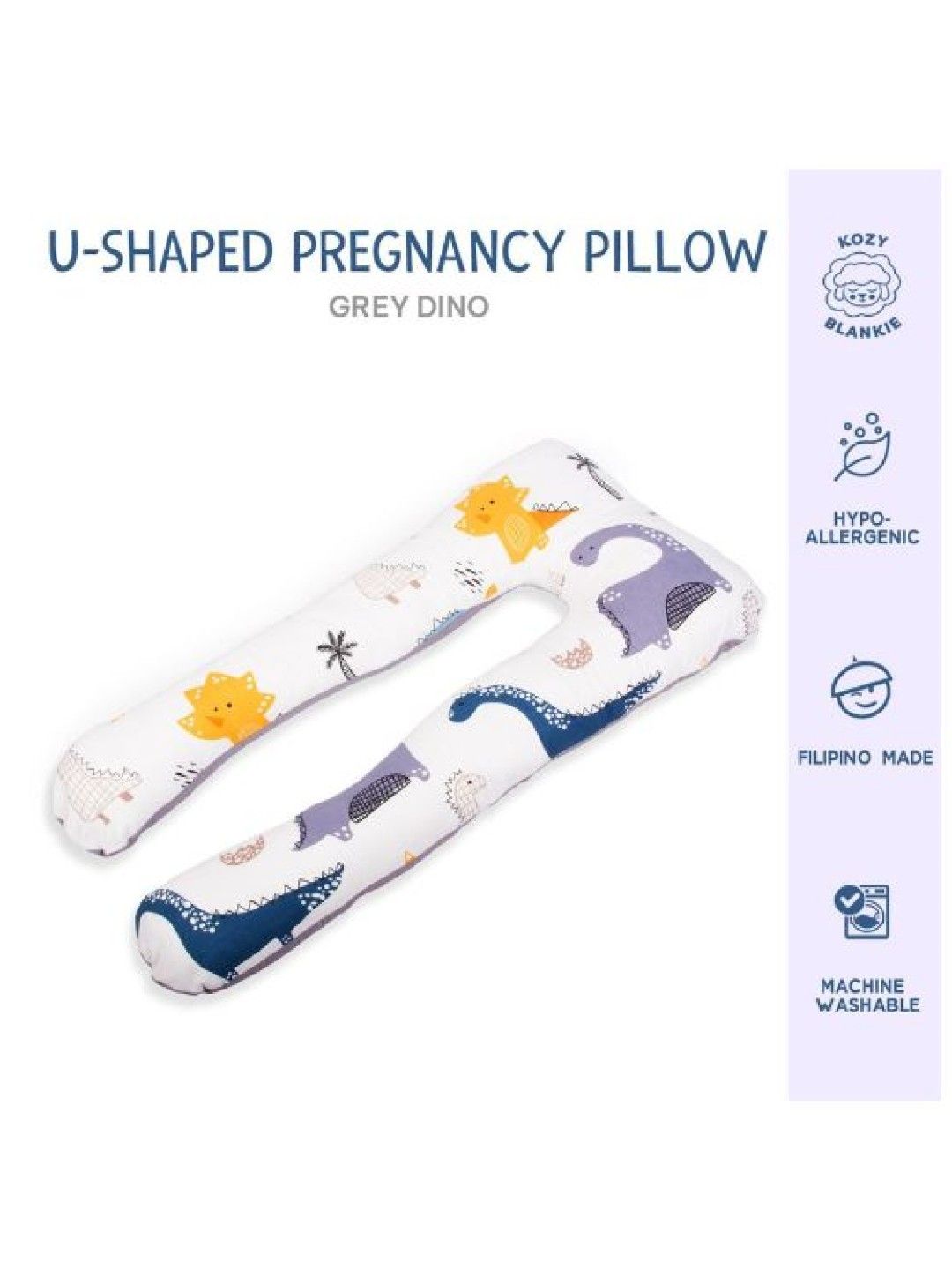 Kozy Blankie Premium U-Shaped Pregnancy Pillow w/ Free Case (Grey Dino- Image 3)