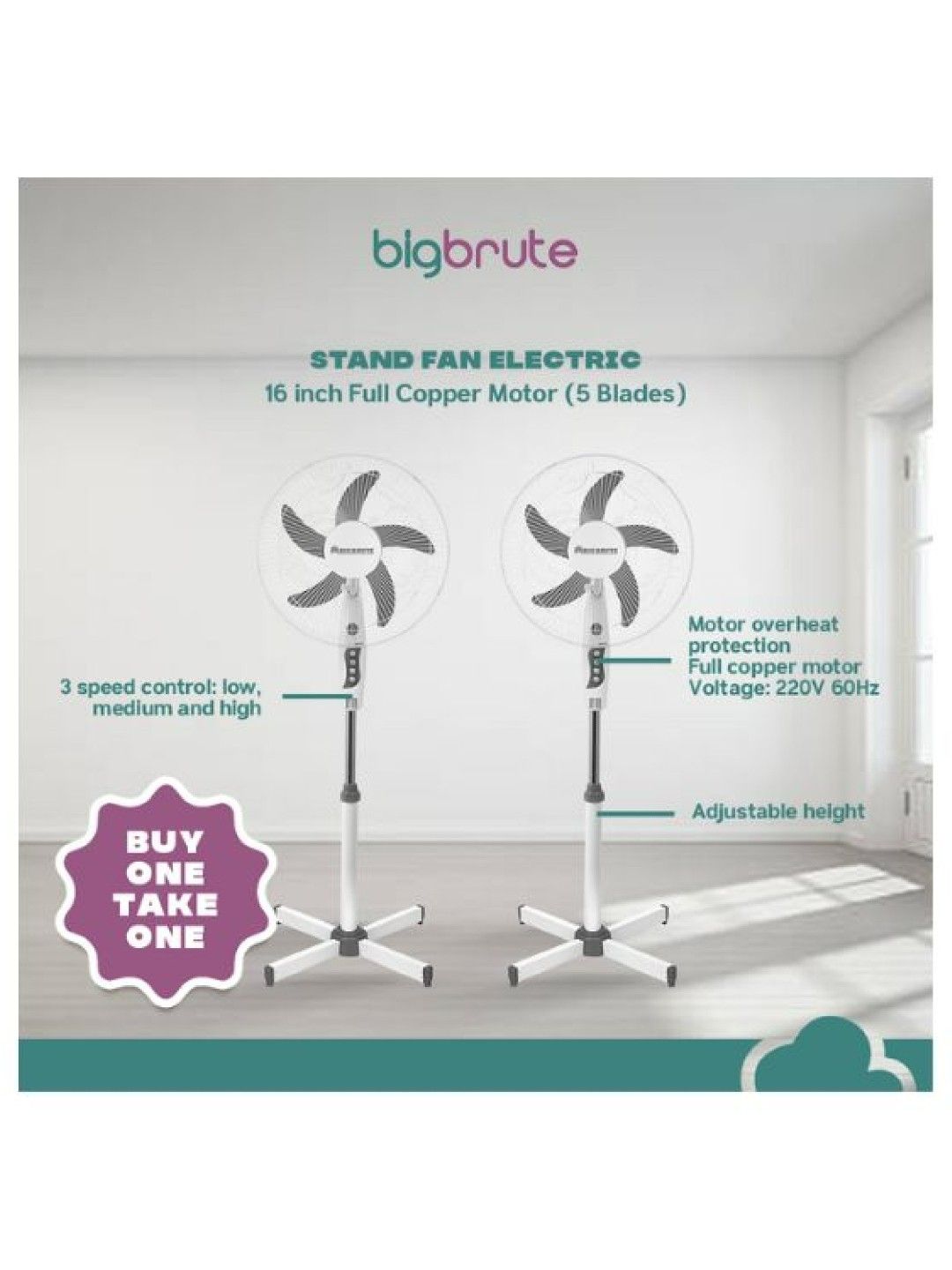 Big Brute Electric Stand Fan 16 Inch 5 Blade Buy 1 Take 1 (White- Image 3)